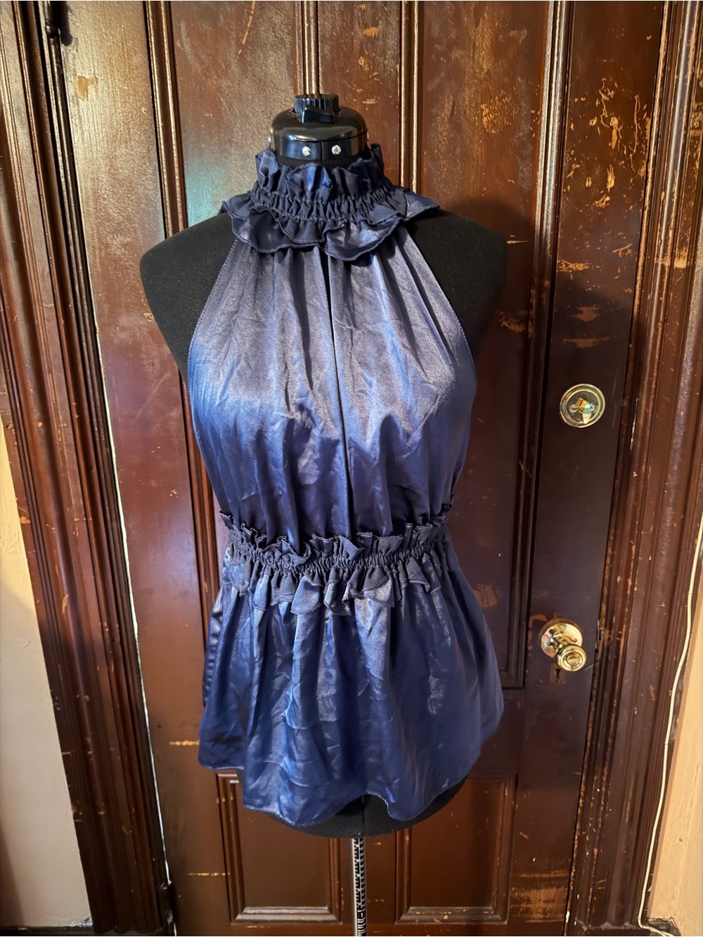 BCBG Navy Ruffled Halter Satin Camisole